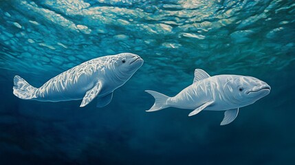 Fototapeta premium Two white whales swimming underwater.