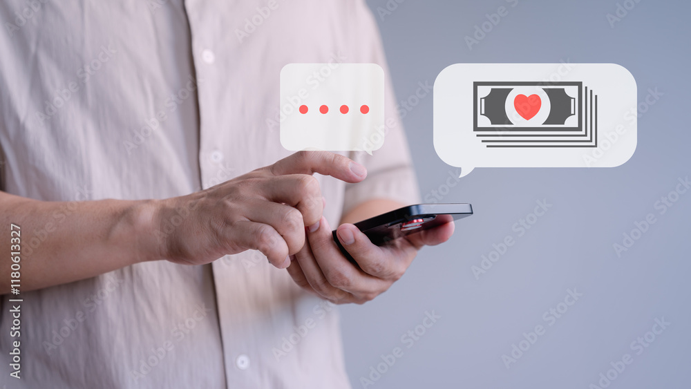Aufkleber Close-up of a person using a smartphone with speech bubbles for texting and money with a heart symbol, representing online communication and financial transactions, gift for lover in Valentine.