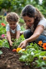 A caregiver shows a child how to use a small shovel to dig a hole for planting