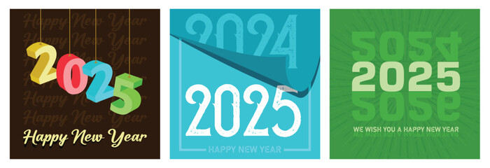 Vibrant New Year 2025 designs in various colorful styles.