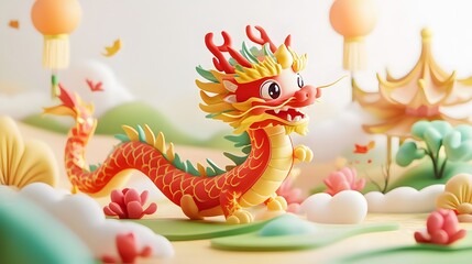 Obraz premium Adorable Cartoon Dragon in a Whimsical Landscape