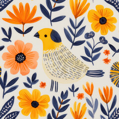 Obraz premium Colorful bird among vibrant flowers and leaves, cheerful design