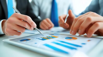 A collaborative business meeting with professionals analyzing data on a tablet, highlighting charts and graphs for decision-making.