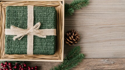 Gift wrapped green box with pinecones and sprigs rustic home decor natural setting aerial view holiday concept