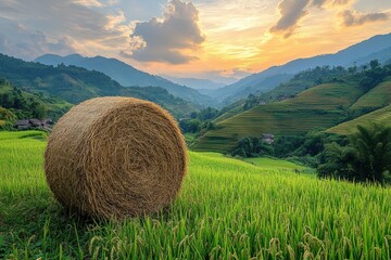 Hay bale in vibrant green rice paddy, sunset mountains.