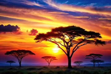 Obraz premium African Savannah Sunset Silhouette Wildlife Majesty