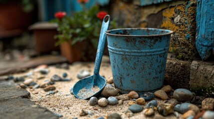 Weathered Blue Bucket and Shovel on Sandy Pathway with Stones