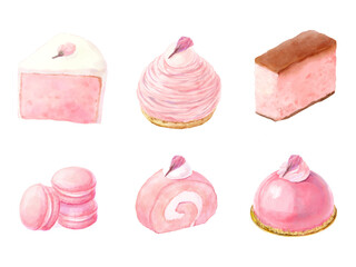 水彩で描いた桜スイーツのイラストセット