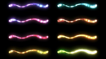 Fototapeta premium Eight Colorful Glowing Wavy Light Trails On Black