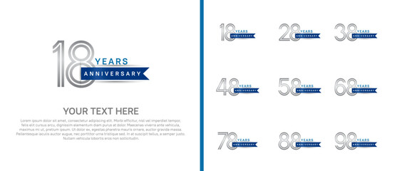 logo anniversary set. silver color with blue ribbon on white background for special event