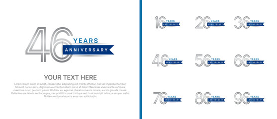 logo anniversary set. silver color with blue ribbon on white background for special event