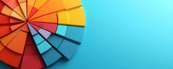 Fototapeta premium A vibrant circular arrangement of colorful segments set against a blue background, showcasing a harmonious blend of colors and geometric shapes.
