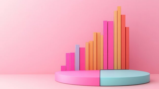 A colorful bar and pie chart on a pink background, representing data visualization and analytics in a modern design.