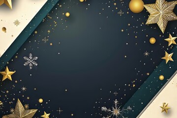 Fototapeta premium Elegant holiday background with gold stars and snowflakes on a dark surface.