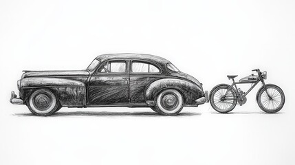 Classic car, vintage bicycle, pencil sketch.
