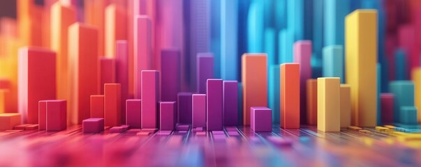 Obraz premium A vibrant 3D bar chart visualizing data with colorful vertical bars, creating a dynamic and modern representation of statistics.