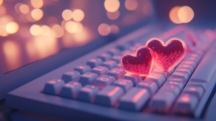 62.A close-up of a white computer keyboard with red and pink heart-shaped objects placed delicately on the keys, illuminated by a soft, warm light. The background fades into a gentle bokeh effect,