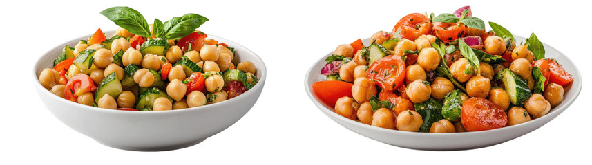 Fresh chickpea salad in two bowls with vibrant toppings.