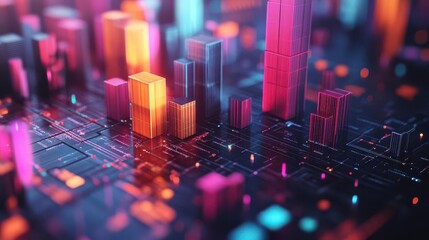 A vibrant, futuristic cityscape with glowing structures and a digital background, showcasing a blend of technology and urban design.