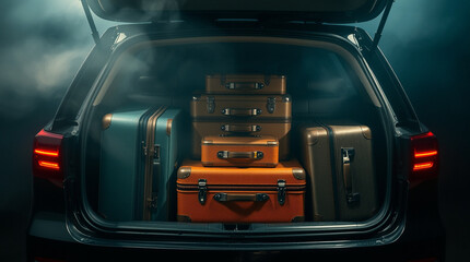 Packed for adventure! Suitcases fill a vehicle's trunk, ready for a journey.