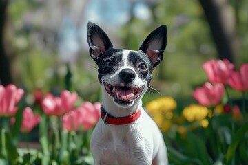 Adorable Rat Terrier Puppy Smiles in Spring Tulip Garden