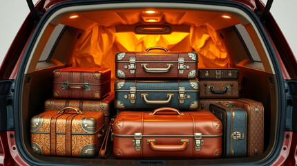 Obraz premium Suitcases packed in a car trunk, ready for a journey. Vintage luggage awaits an adventure!