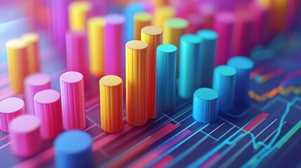 A vibrant, colorful bar graph against a digital background, illustrating data trends with vertical columns in various shades.