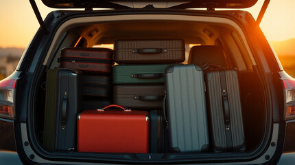 Packed car ready for a road trip! Suitcases and bags fill the trunk, adventure awaits!