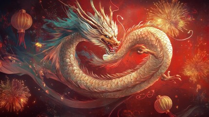 107.An elegant dragon in a flowing pose, adorned with shimmering scales and traditional accents, spiraling around the year 2025. Lanterns and fireworks subtly decorate the deep crimson background.