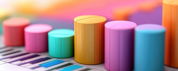 A colorful bar graph illustrating data trends, featuring cylindrical bars in various hues against a vibrant background.
