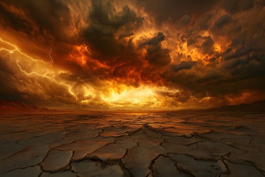 Fiery Sunset Over a Cracked Earth