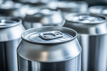 Close-up of numerous aluminum cans; Shiny, metallic texture. Ideal for beverage, manufacturing, or industrial themes.
