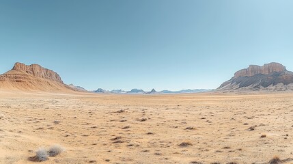 Vast desert landscape, mesas under clear sky.