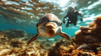 Dolphin plays joyfully beside scuba diver in vibrant underwater world