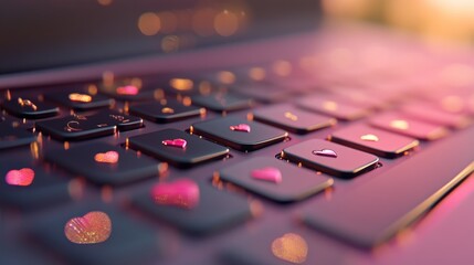 63.A modern laptop keyboard with small heart symbols scattered across the keys. The soft focus background glows with subtle shades of pink and gold, enhancing the romantic theme.