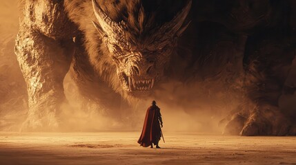 Knight facing giant beast, unwavering resolve, 3D illustration