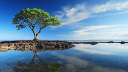 30.A peaceful image of a single tree on a rocky shoreline, its green branches reaching toward a brilliant blue sky. The clear sky and reflective water create a harmonious balance, with the tree
