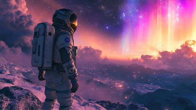 Astronaut on alien planet, gazing at aurora. Space exploration concept