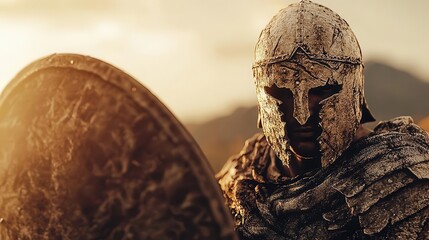 Warrior in torn armor holding shield, unwavering courage, 3D illustration