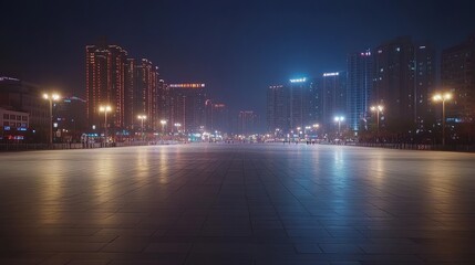 Fototapeta premium Night cityscape: illuminated plaza, modern buildings. Ideal for urban, modern, or nighttime themes.