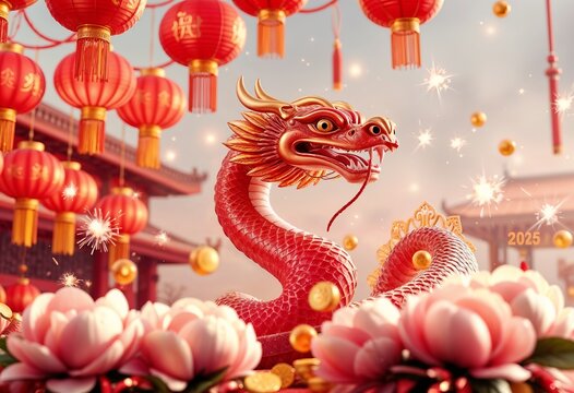 reeting card happy chinese New Year 2025. Snake zodiac with curtain lantern for banner design. China lunar calendar animal. Chinese CNY, hanging lamp and flowers, firecrackers and golden coins