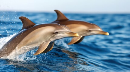 Obraz premium Spinner dolphins dance through waves under the vibrant sun