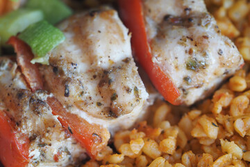 Grilled Chicken Skewers with Spiced Bulgur Wheat and Vegetables