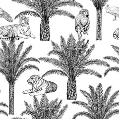 Toile de jouy seamless pattern with palms, tiger and peacock. Vector monochrome print in vintage luxury engraving style for textile and home decor and design.