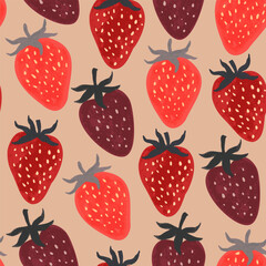 Seamless pattern with red textured strawberries. Hand-drawn vector illustration