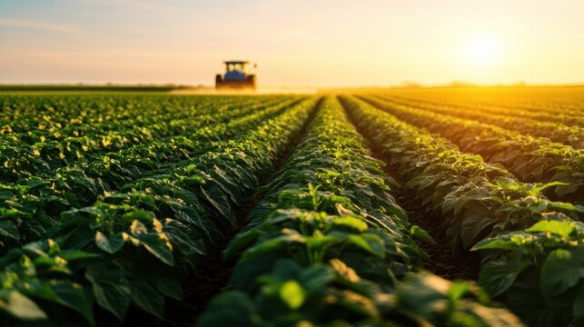 Evening farming operations as tractor sprays pesticide across hop fields