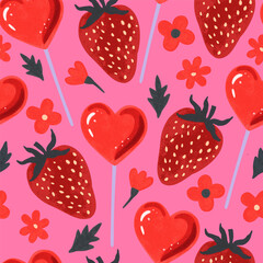 Valentine seamless pattern with red strawberries, flowers and herat-shaped lollypops. Vector illustration.