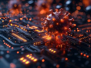 Glowing Digital Virus Invading Virtual Interface Symbolizing Cyber Threats and Technological Disruption