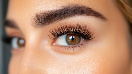 Obraz premium Captivating beauty with stunning makeup and long eyelashes in serene light