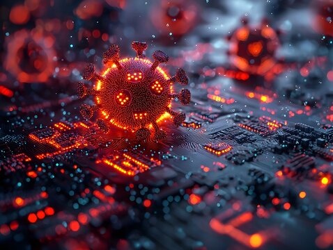 Glowing Digital Virus Invading Virtual Interface Symbolizing Cyber Threats and Malware Infection